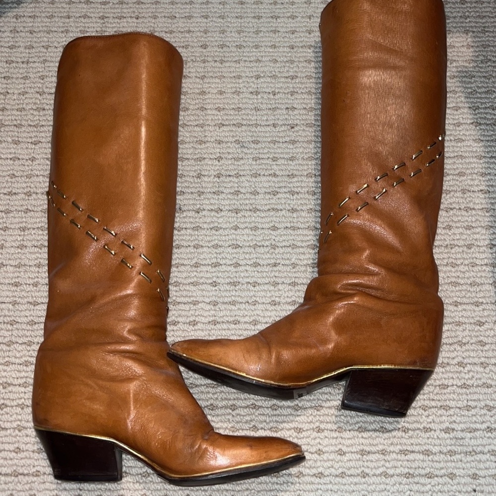 Boots leather designer MAUD FRIZON Camel color with gold hardware Cats paws